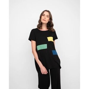 OZAI N KU Women's Landscape Tee‎ Black Colorblock Tunic Lagenlook- Size Small